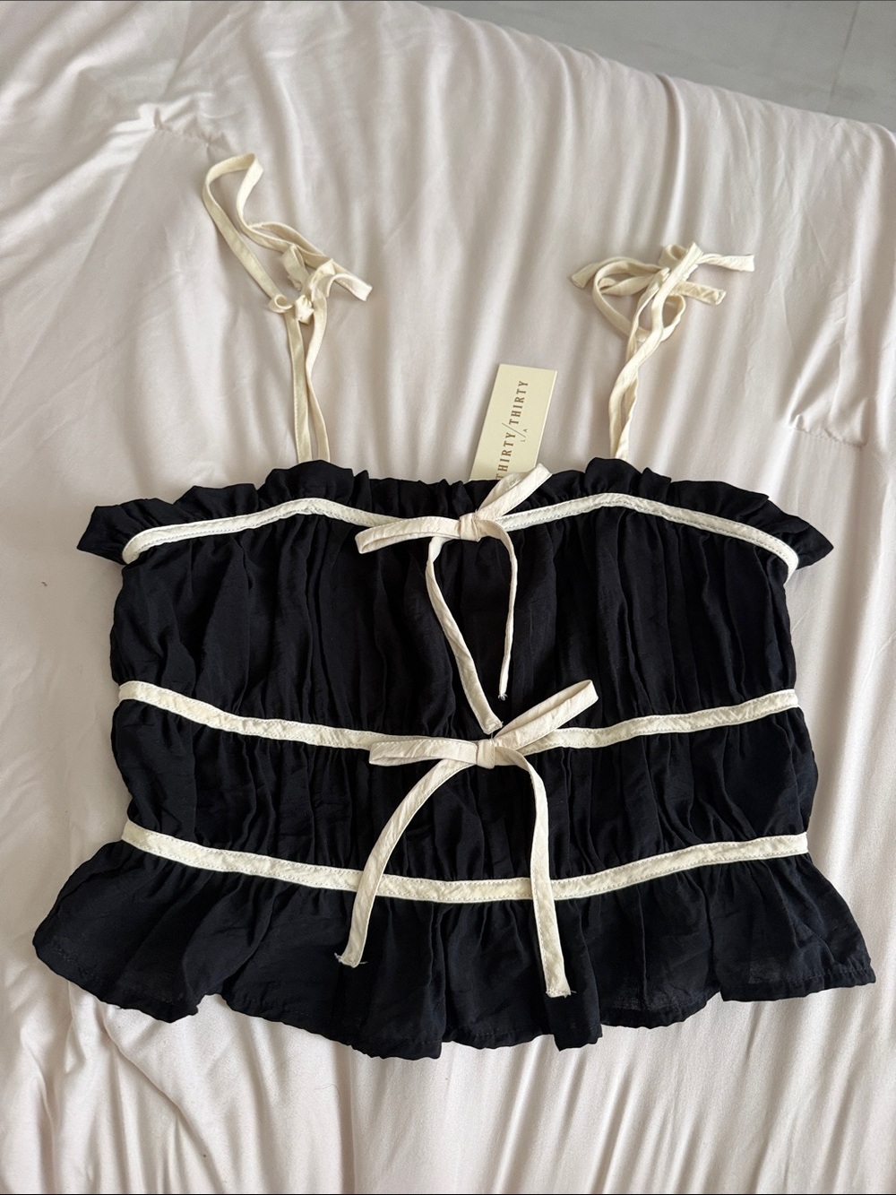 Black Ruffle Tie-Front Cami with Cream Trim